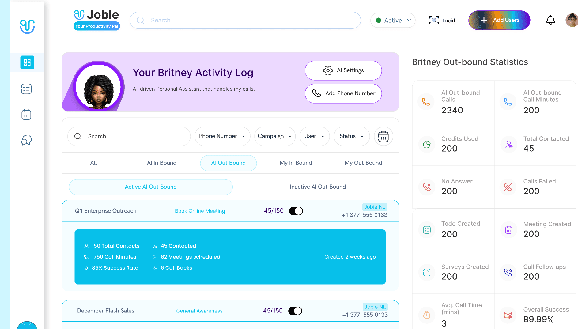 Outbound campaigns in the Britney activity log