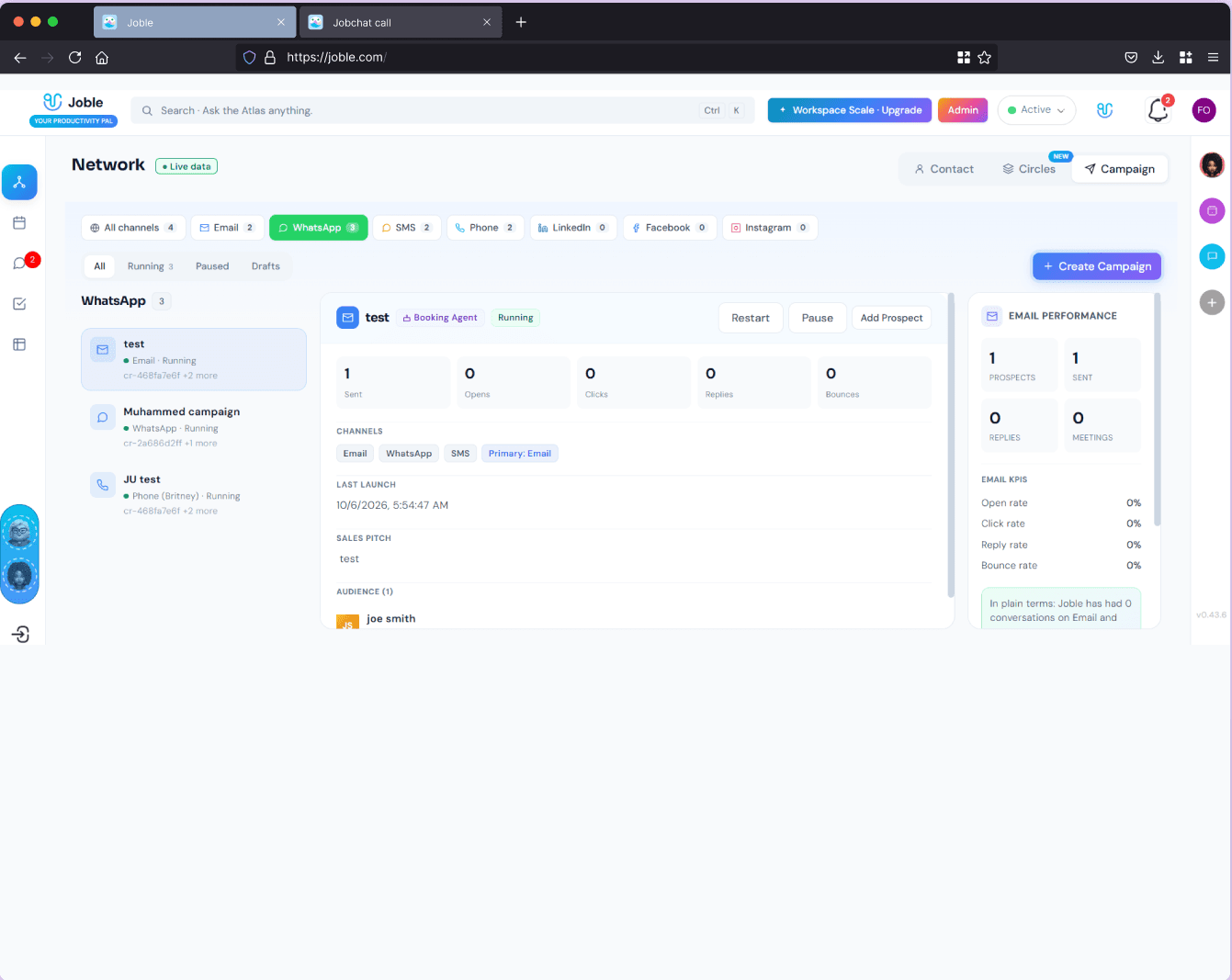 WhatsApp campaigns in the Joble network view